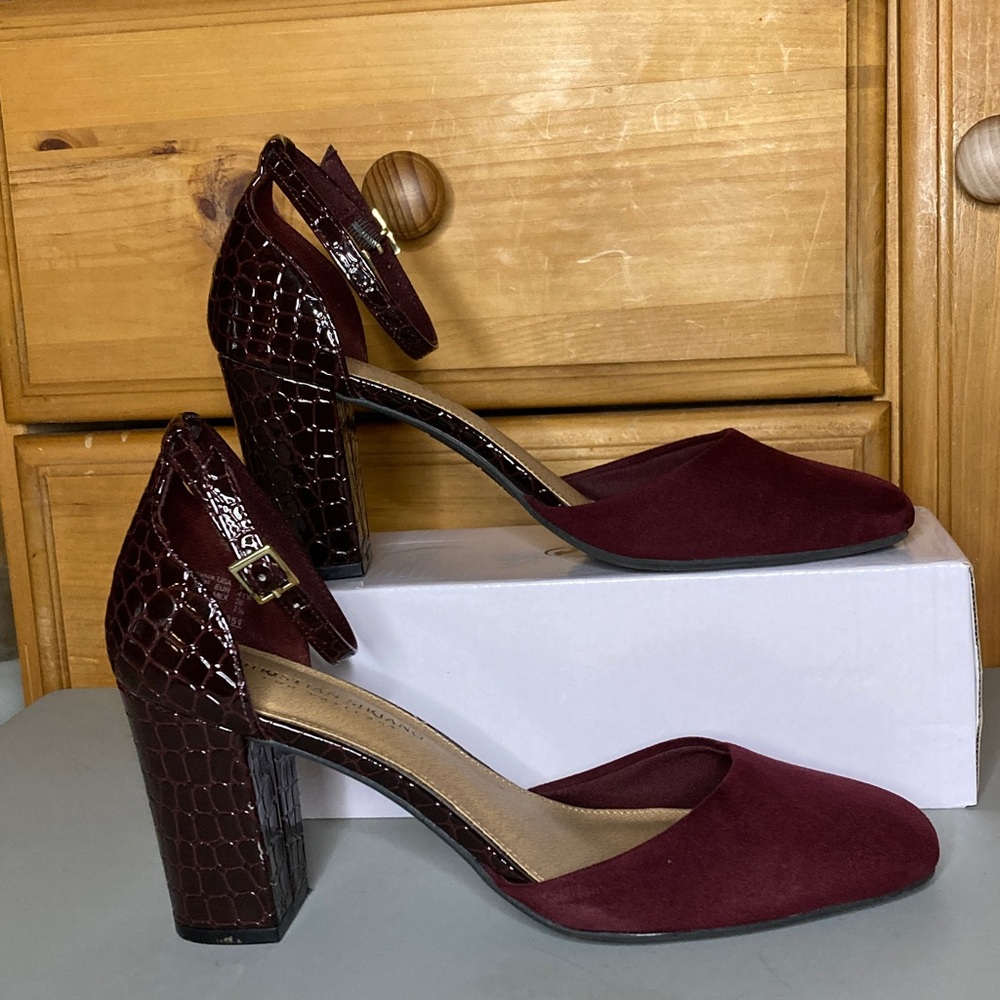 Christian Siriano | Burgundy Faux Suede Croco Embossed Heels 9